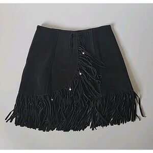 HB Vintage Fringed Suede Mini Skirt Black Cowgirl Festival Southwestern